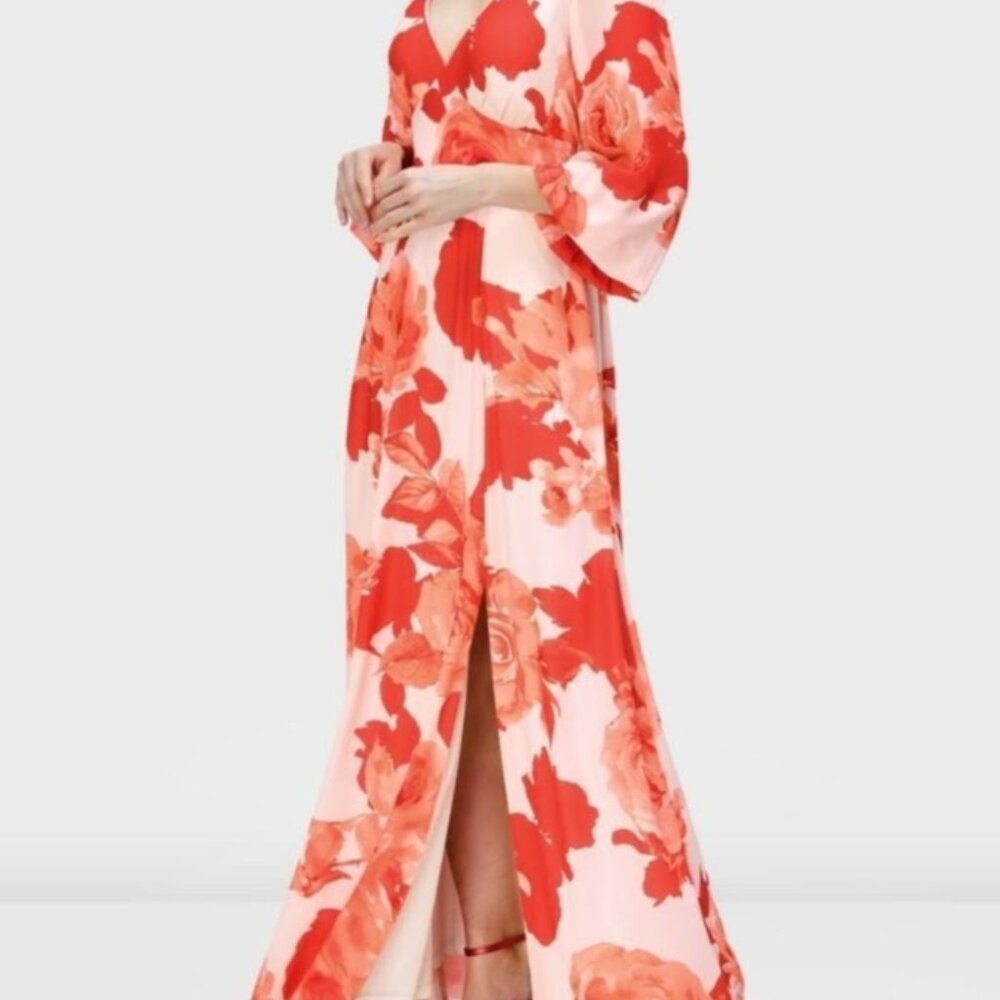 eShakti Red Rose Vented Crepe V-Neck Maxi Dress Size 18 / 1X
